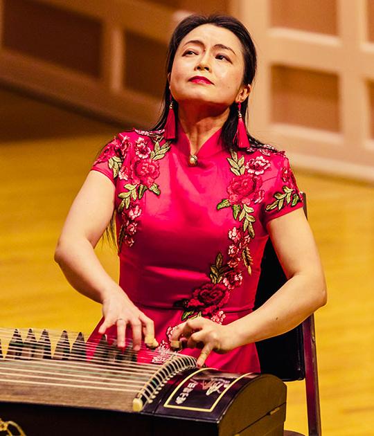 woman with long hair and pink outfit playing stringed instrument